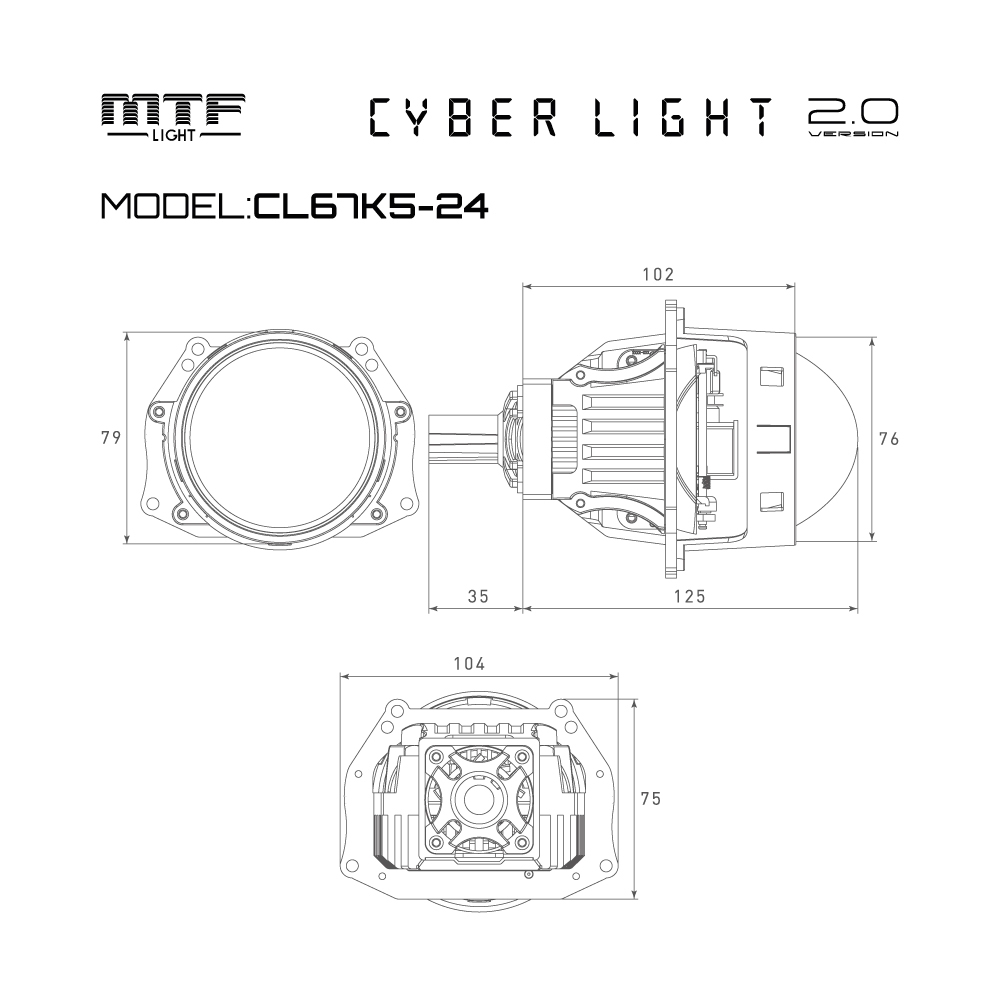 Светодиодные модули MTF Light линзованные Bi-LED серия CYBER LIGHT 2.0, 24В, ближ/дальний 52/67Вт, 5500К, 3", 2шт.