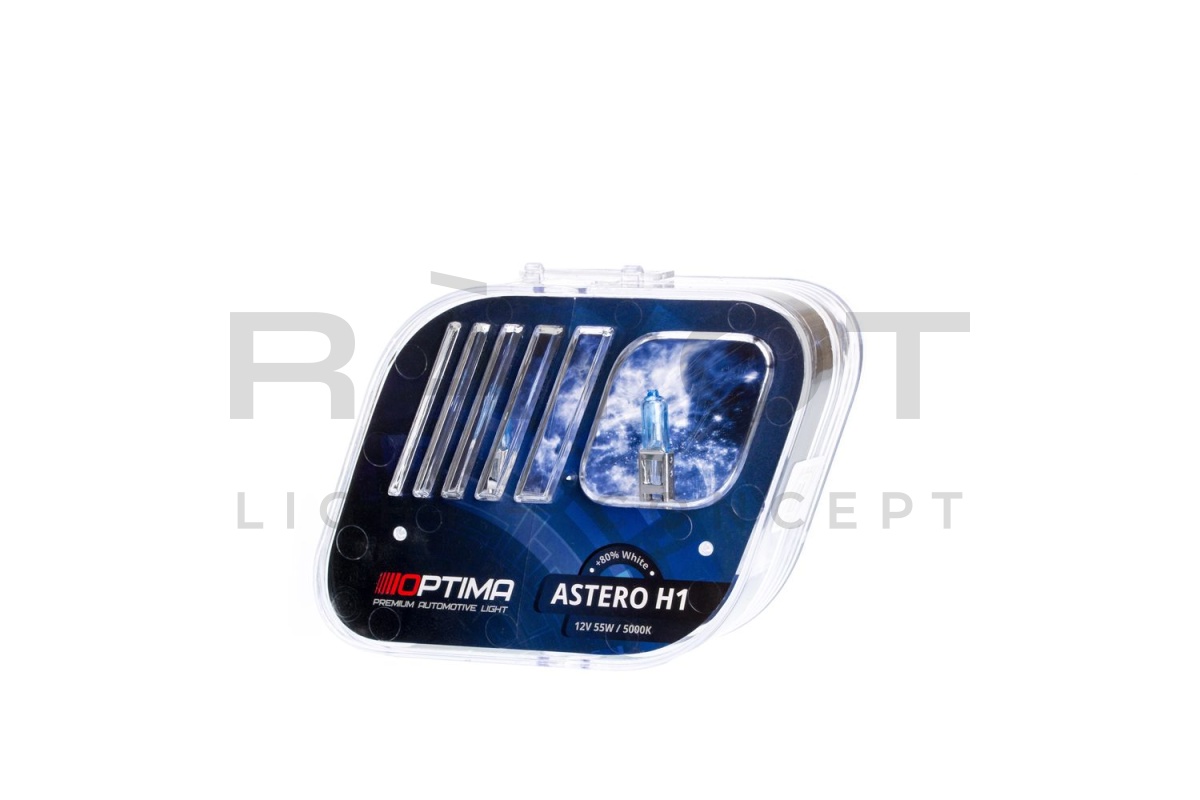 Галогенные лампы Optima Astero H1 +80% White 5000K, 12V, 55W