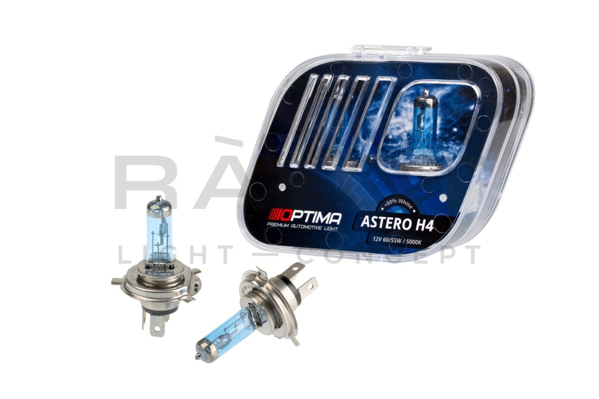 Галогенные лампы Optima Astero H4 +80% White 5000K, 12V, 60/55W