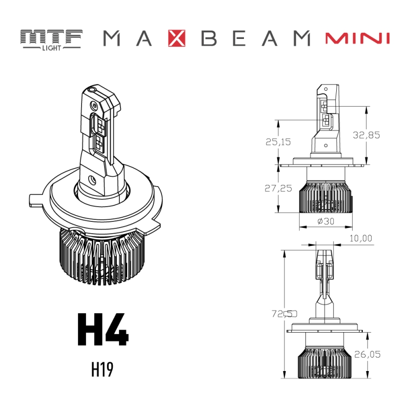 Светодиодные лампы MTF Light MaxBeam Mini, H4/H19, 6000K, 4500 лм, 45 Вт, комплект 2 шт.
