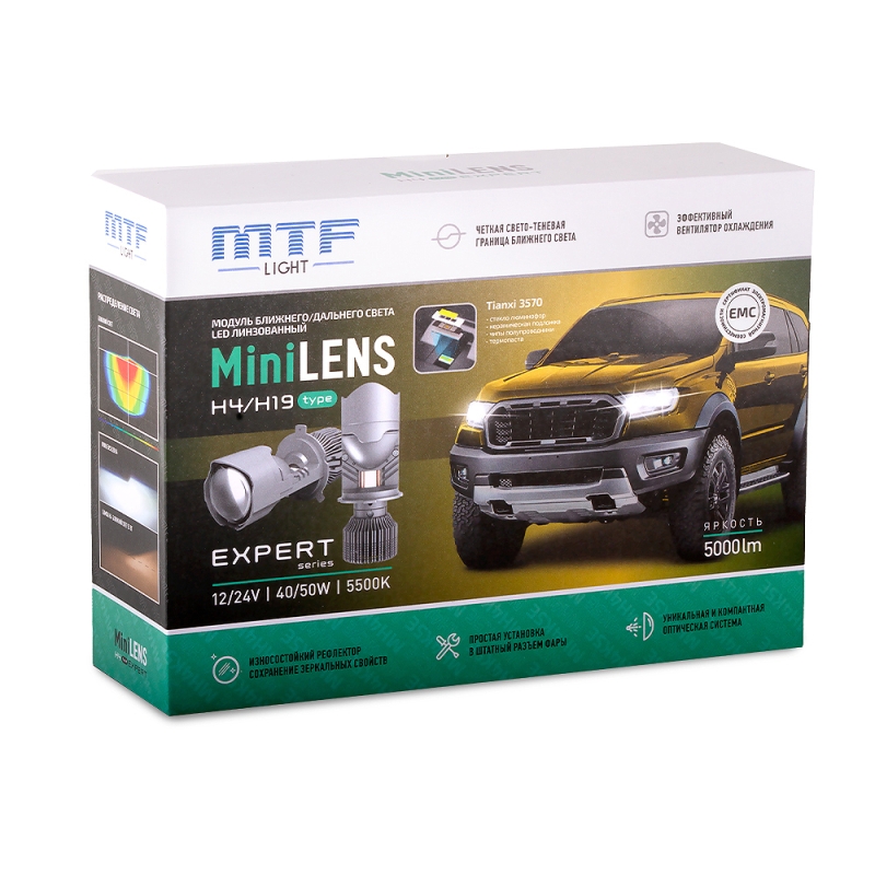 Светодиодные линзы H4/H19 MTF LIGHT MiniLENS EXPERT, 12/24V, 40/50W, 5500K, 5000LM