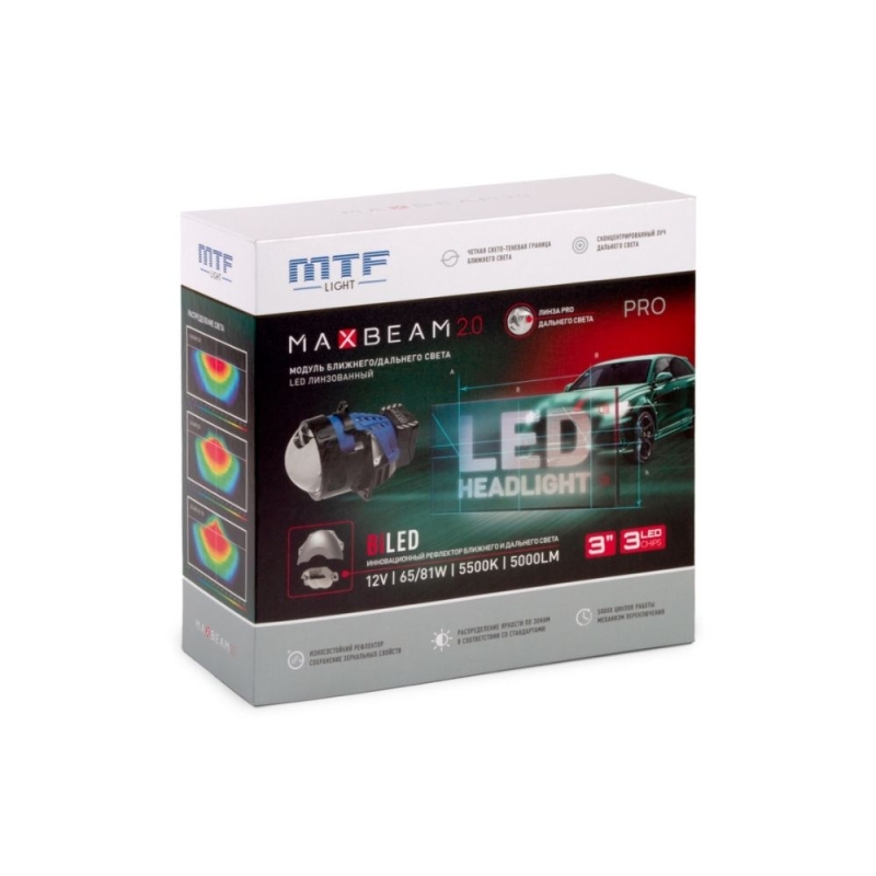 Светодиодные модули ближнег/дальнего света  MTF Light MAXBEAM PRO 2.0 линзованные, бескорпусные, 12В, 65\82Вт, 5500К, 3 дюйма, комплект.