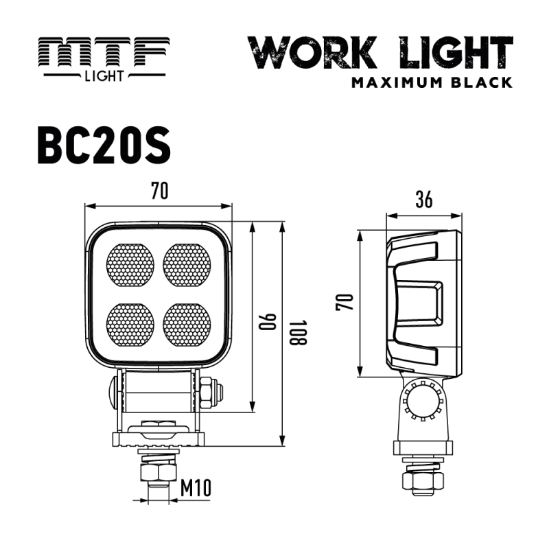 Светодиодный прожектор MTF Light MAXIMUM BLACK — 20W, 12–36V, 2000 lm, квадратный, ECE R10 Светодиодный прожектор MTF Light MAXIMUM BLACK — 20W, 12–36V, 2000 lm, квадратный, ECE R10