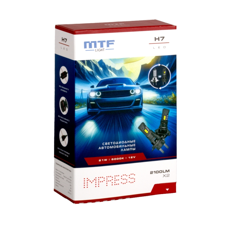 Светодиодные лампы MTF Light IMPRESS, H7, 6000K, 2100 лм, 21 Вт, штатный размер, комплект 2 шт. Светодиодные лампы MTF Light IMPRESS, H7, 6000K, 2100 лм, 21 Вт, штатный размер, комплект 2 шт.