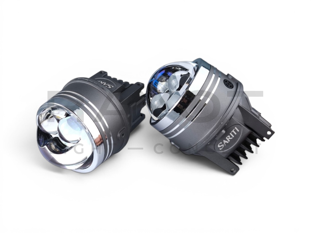 Светодиодные би-линзы в ПТФ SARITI N5, 3", 12V, 45/76W, 6000K (Крепл. универс.) синее стекло