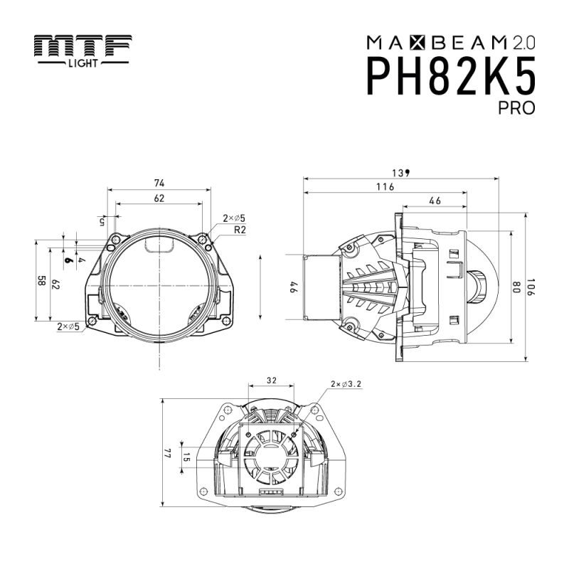Светодиодные модули ближнег/дальнего света  MTF Light MAXBEAM PRO 2.0 линзованные, бескорпусные, 12В, 65\82Вт, 5500К, 3 дюйма, комплект.