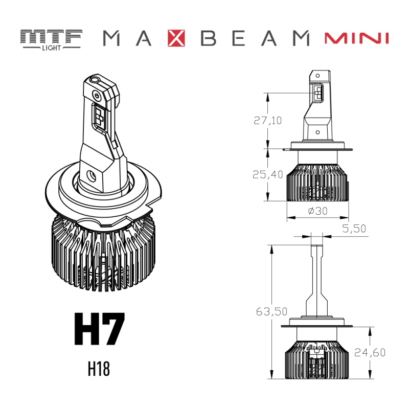 Светодиодные лампы MTF Light MaxBeam Mini, H7/H18, 6000K, 4500 лм, 45 Вт, комплект 2 шт.