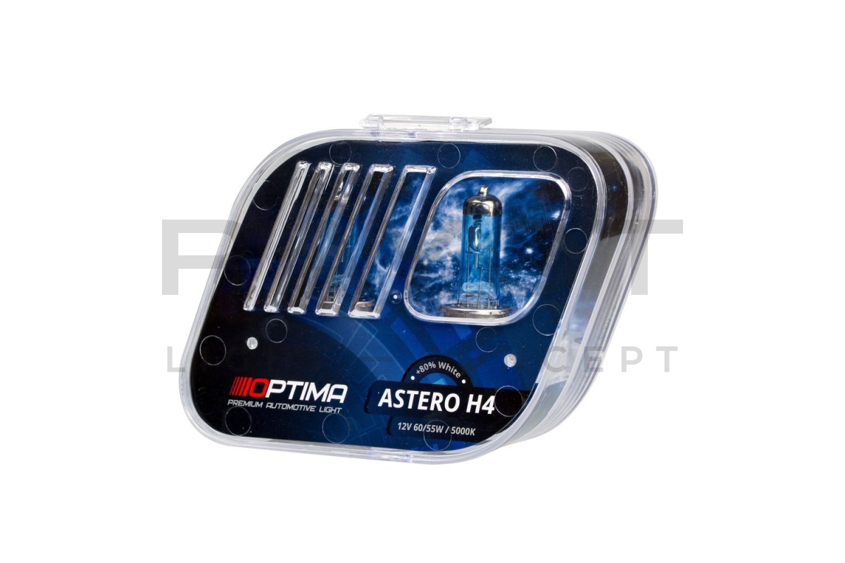Галогенные лампы Optima Astero H4 +80% White 5000K, 12V, 60/55W