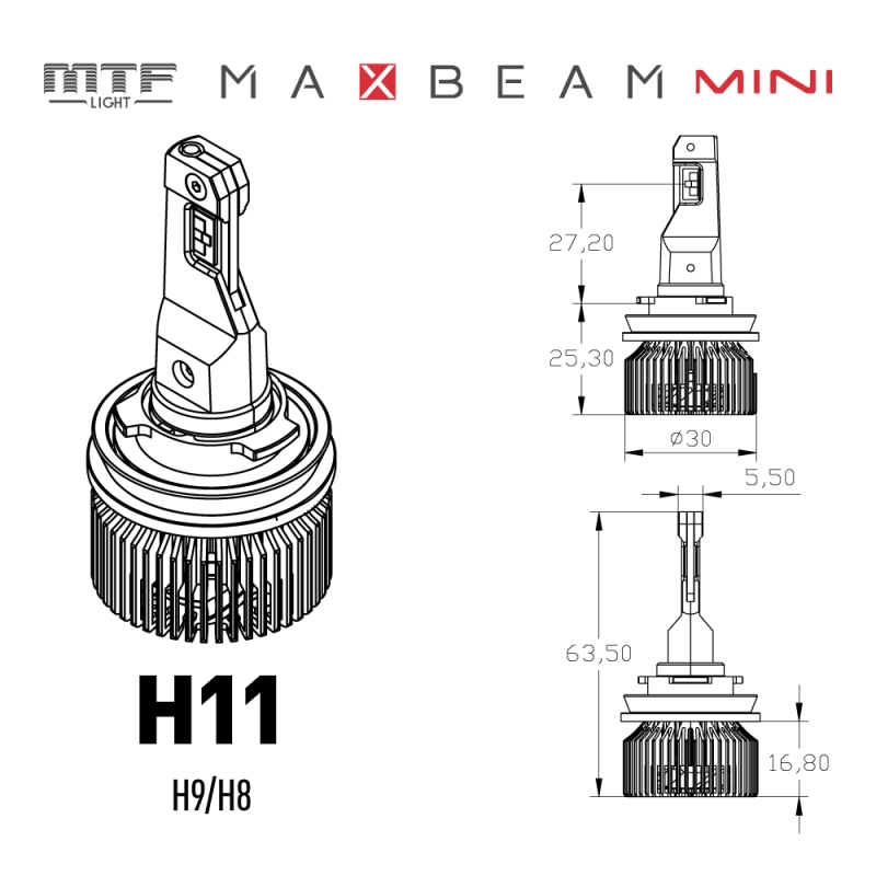 Светодиодные лампы MTF Light MaxBeam Mini, H11/H9, 6000K, 4500 лм, 45 Вт, комплект 2 шт.