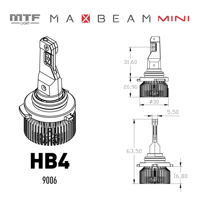 Светодиодные лампы MTF Light MaxBeam Mini, HB4 (9006), 6000K, 4500 лм, 45 Вт, комплект 2 шт.