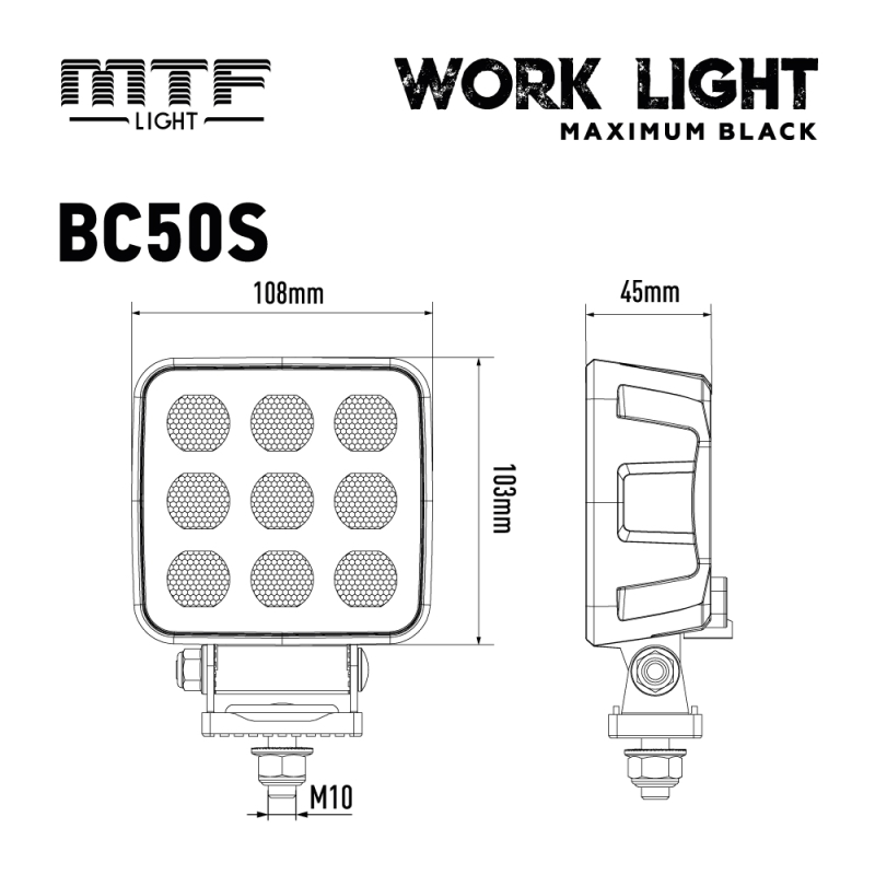 Светодиодный прожектор MTF Light MAXIMUM BLACK — 50W, 12–36V, 5000 lm, квадратный, ECE R10 Светодиодный прожектор MTF Light MAXIMUM BLACK — 50W, 12–36V, 5000 lm, квадратный, ECE R10