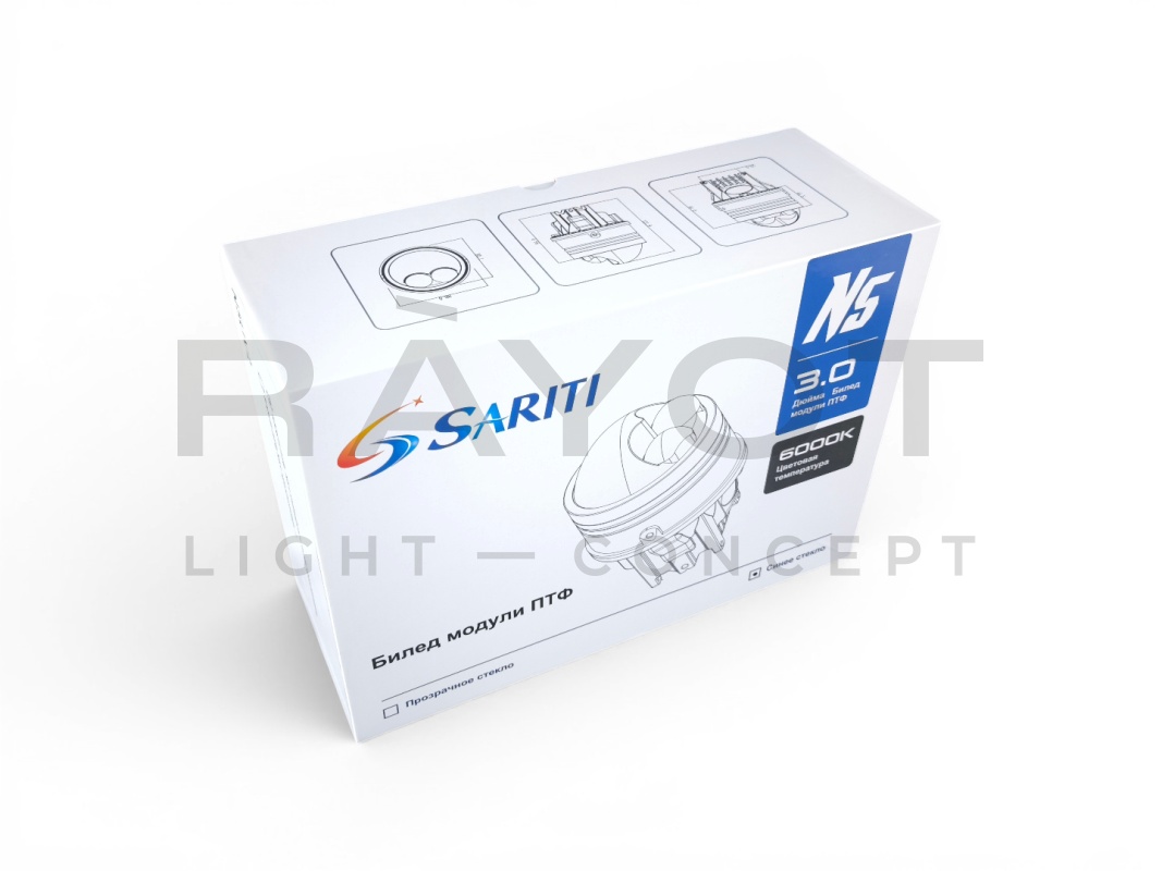 Светодиодные би-линзы в ПТФ SARITI N5, 3", 12V, 45/76W, 6000K (Крепл. универс.) синее стекло