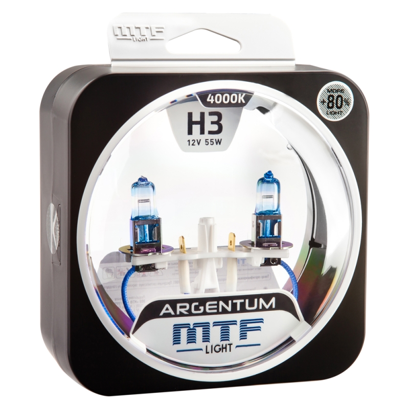 Галогенные автолампы MTF Light серия ARGENTUM +80% H3, 12V, 55W, комп.