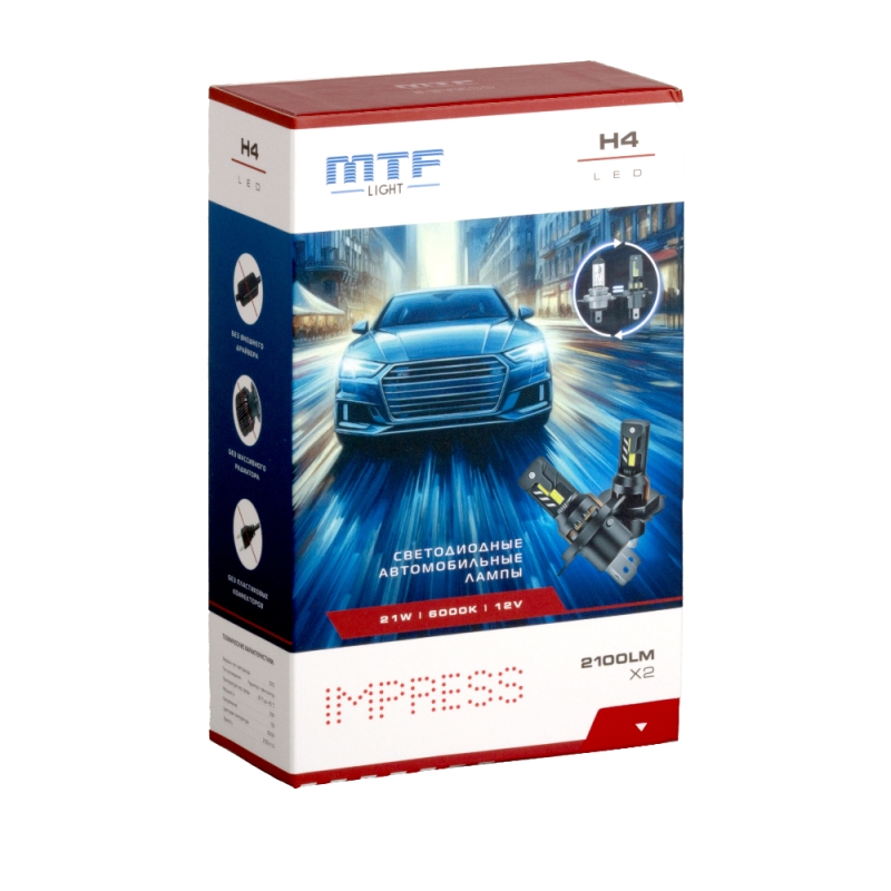Светодиодные лампы MTF Light IMPRESS, H4, 6000K, 2100 лм, 21 Вт, штатный размер, комплект 2 шт. Светодиодные лампы MTF Light IMPRESS, H4, 6000K, 2100 лм, 21 Вт, штатный размер, комплект 2 шт.